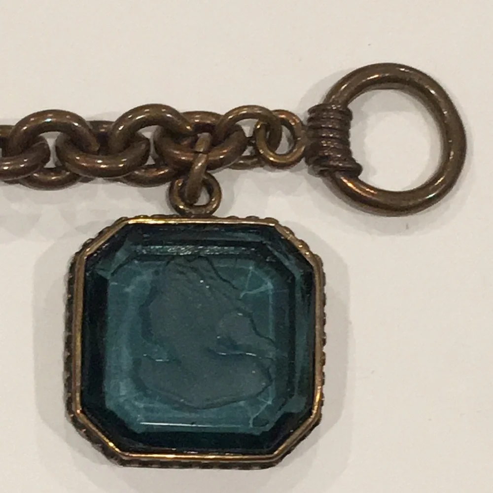 Blue & Antiqued Gold Chain Link Bracelet w/ Square Gemstone